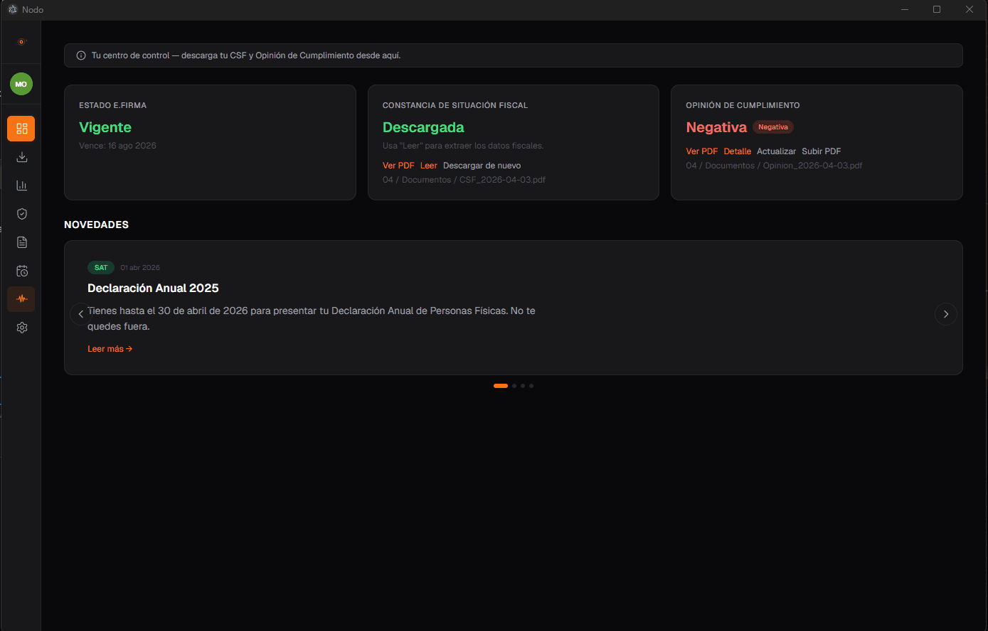 Dashboard de Nodo mostrando la situación fiscal de un cliente